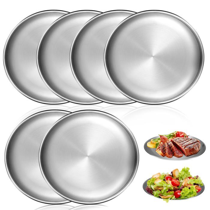 Lot 6 Assiettes Acier Inoxydable Ø20cm Vaisselle Camping Pique-Nique Légère Lave-Vaisselle Lumiryn