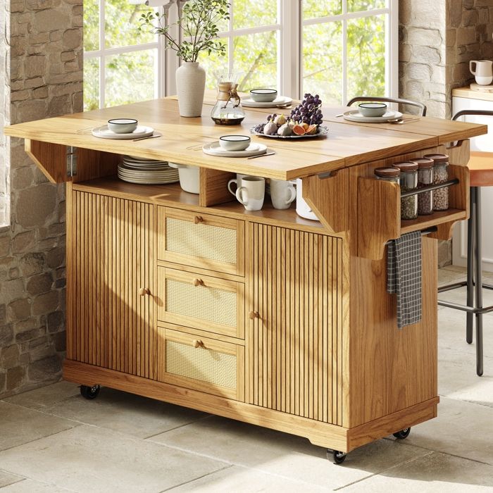 Desserte îlot de Cuisine sur roulettes Meuble de Cuisine avec Extensible des 2 Côtés 3 Tiroirs en Rotin PE 2 Portes avec Rangement