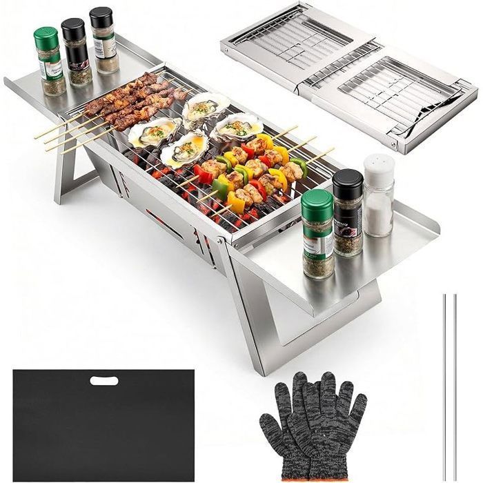 Mini Barbecue Charbon de Bois Portable et Pliable Petit Barbecue de Table avec Réglage de Chaleur à 4 Niveaux Barbecue Camping