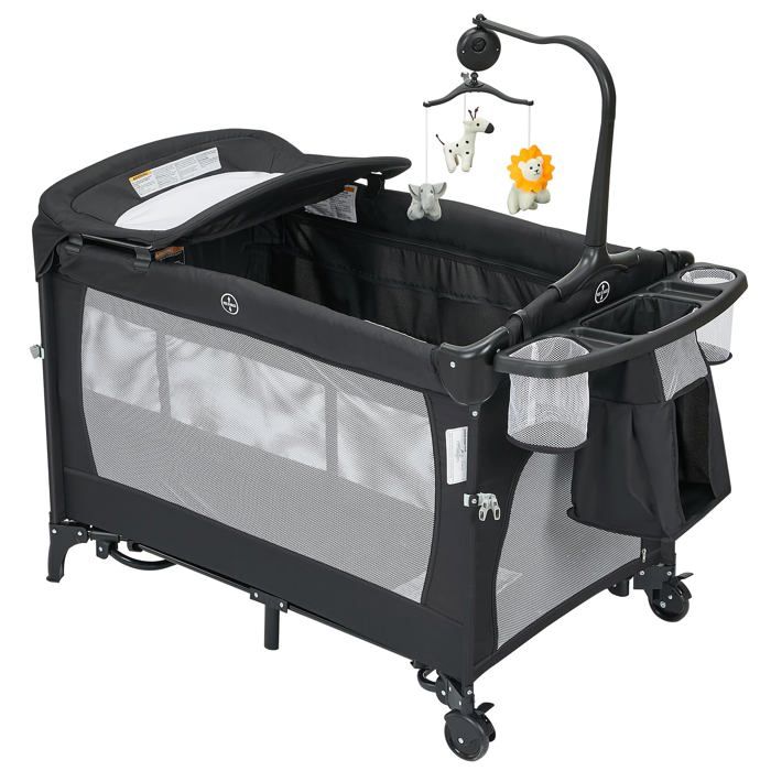 Lit Bébé Parapluie 5 en 1 avec MatelasBerceauTable à LangerJouets Suspendus Musique-RoulettesPanier de rangement-Noir