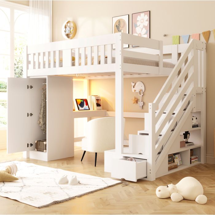 Lit mezzanine 140x200 cm en bois blanc avec escalier de rangement bureau prise Euro placard et LED