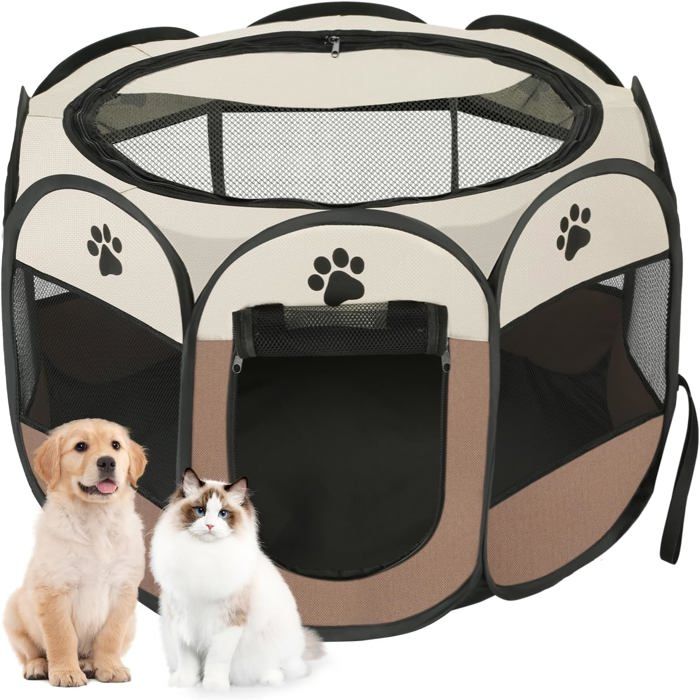 Enclos pliable pour animaux de compagnie avec fermeture éclair sur le dessus et porte latérale (marron 73*73*43cm)