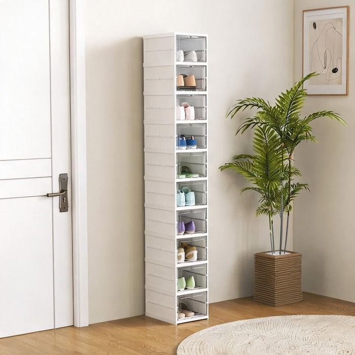 Meuble à chaussures empilable en plastique blanc – 8 compartiments avec portes transparentes pour pointure jusquà 43 pliable
