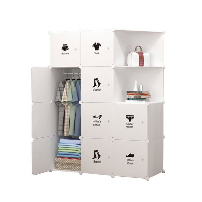 Armoire modulaire peu encombrante en plastique – détagères pliable 8 cubes des portes et une tringle à vêtements 111 x 47 x 147 cm