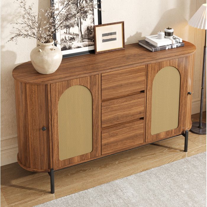 Buffet bas ovale avec portes en rotin 3 tiroirs et étagères réglables - LPOSPI - MDF aspect bois noyer