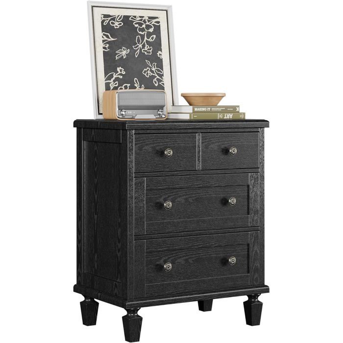 Commode Vintage Noir Frêne 4 Tiroirs 60x48x76 cm Meuble Bois MDF Pieds Coniques Style Scandinave pour Chambre Salon