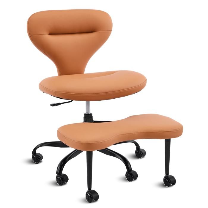 Chaise Jambes Croisées de Méditation en Cuir Orange Fauteuil de Bureau Tailleur Ergonomique avec Roulettes Silencieuses