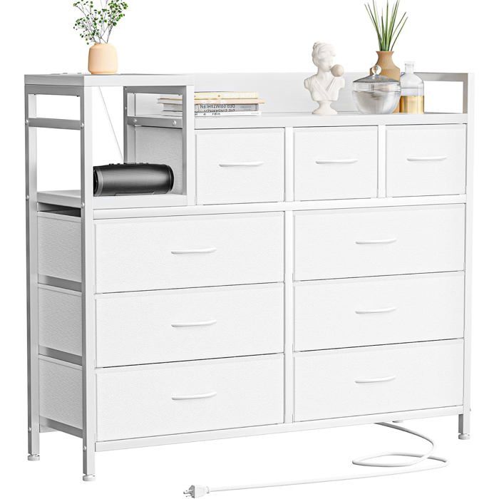 KOIOPLIE Commode dEntrée 9 Tiroirs Tissu Respirant avec Multiprise USB et Pieds Réglables - Meuble Rangement 100x30x86 cm - Blanc