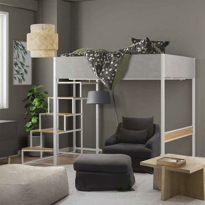 Lit mezzanine sommier escalier réversible tissu gris clair métal blanc et mélamine imitation chêne - couchage 140x190 cm - DOCKLAND