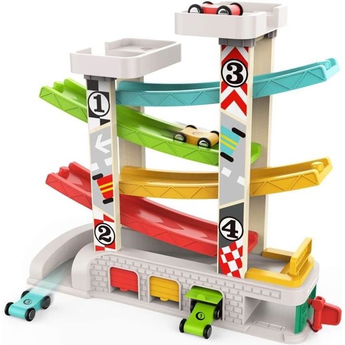 Jouet Garage Voiture Bois Pour Enfant Cadeau Educatif Pour Garcon 2 Ans Jouet Rampe De Course En Bois Avec 4 Voitures Cdiscount Jeux Jouets