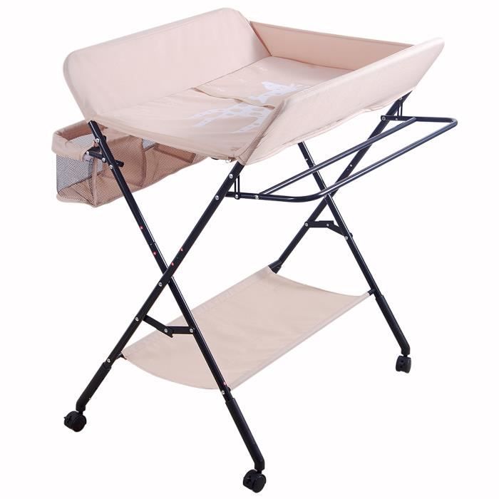 Table à Langer Pliable Avec Panier Rangement - Charge Max 25 Kg - 80x66x98 Cm - Tissu Imperméable - Roulettes Silencieuses - Rose Foncé