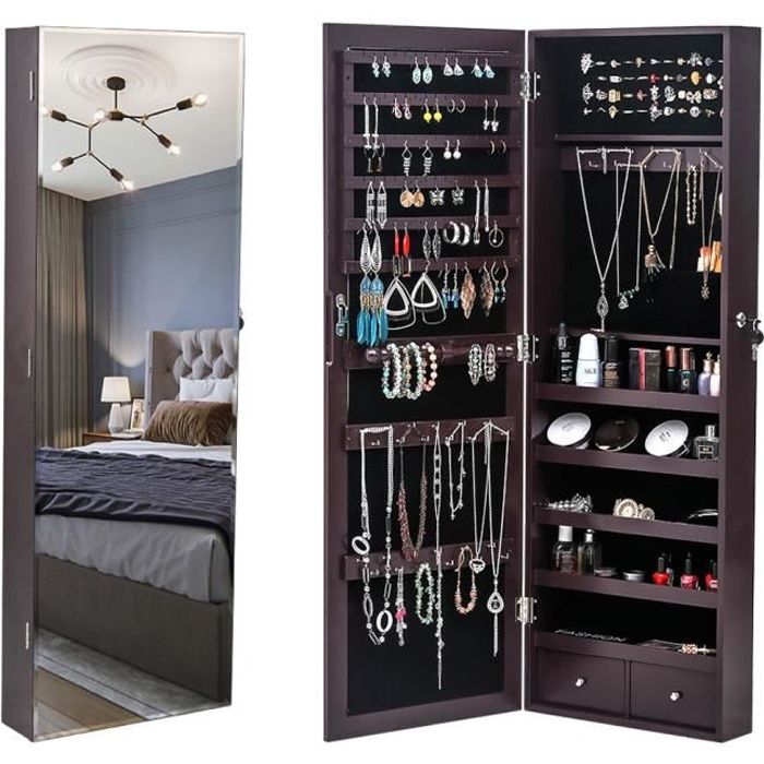 Armoire à bijoux mural en bois avec miroir complet,(14.6 x 3.7 x 42.5