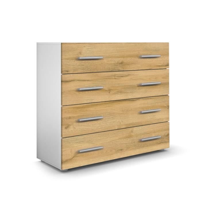 Commode Vladon Ben - 2 Portes, 2 Tiroirs, Blanc Mat/Chêne Brut, 79x74x36cm