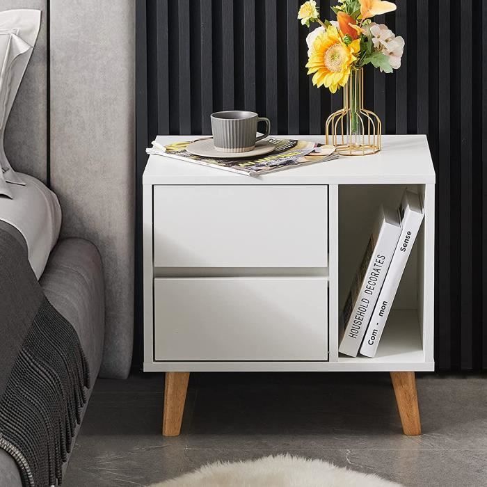 Table De Chevet EUGAD Avec 2 Tiroirs – 46x35x50 Cm – Pieds En Bois Massif – Blanc – Style Scandinave - 2