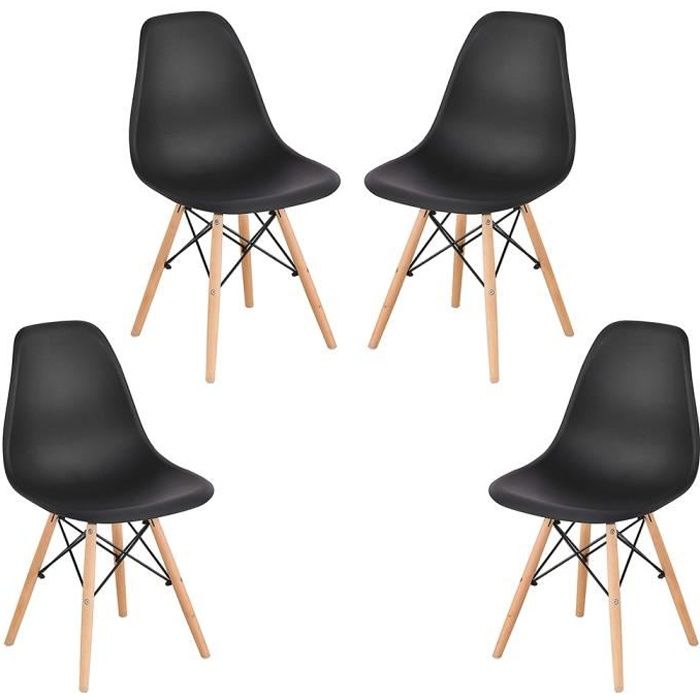Lot de 4 Chaises Style Scandinave Noir Pieds en Bois Assise en PP