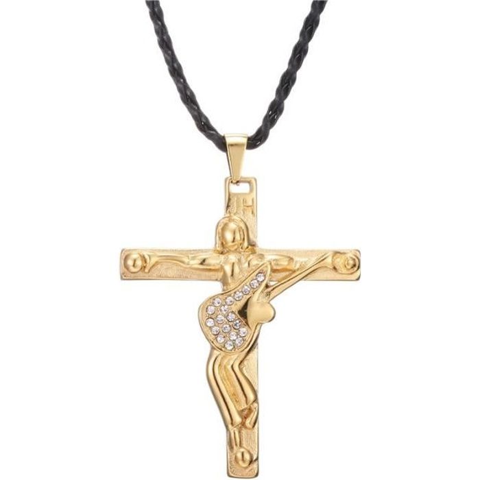 collier pendentif croix johnny hallyday en acier inoxydable doré collier de guitare rock  bijoux or