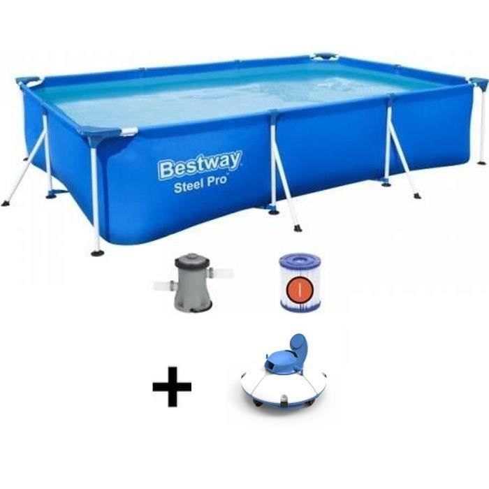 Kit Piscine hors sol tubulaire BESTWAY Steel Pro - 300 x 201 x 66 cm - Rectangulaire + Robot aspirat
