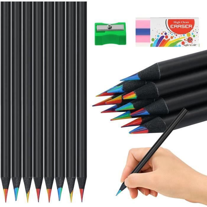 YAANBUNB Lot 48 Crayons Arc-en-ciel 4-en-1 – Gomme Multicolore, Forme Triangulaire – Cadeau Créatif