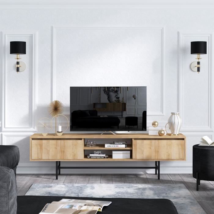 le meuble tv elegance est fabriqué en panneau de particules 100% mélaminé avec des pieds en métal. il dispose de plusieurs étagèr...