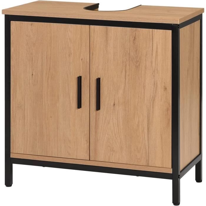 eugad meuble sous lavabo 60x30x60cm, armoire sous vasque, en bois artificiel chêne clair et en métal noir, 0157wy
