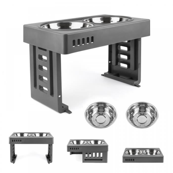 Meilleurs prix pour MENGDA Gamelle Surelevee Pliable pour Chien /Chat - Hauteurs Réglables - 2 gamelles antidérapantes en INOX-Support de gamelle Gris