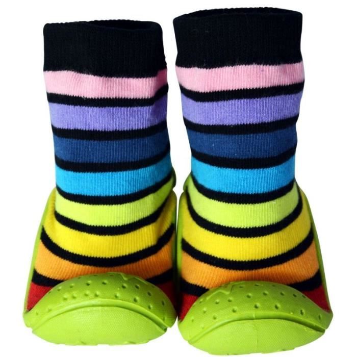 C2bb Chaussons Chaussettes Enfant Antiderapants Semelle Souple Rayes Noir Vert Cdiscount