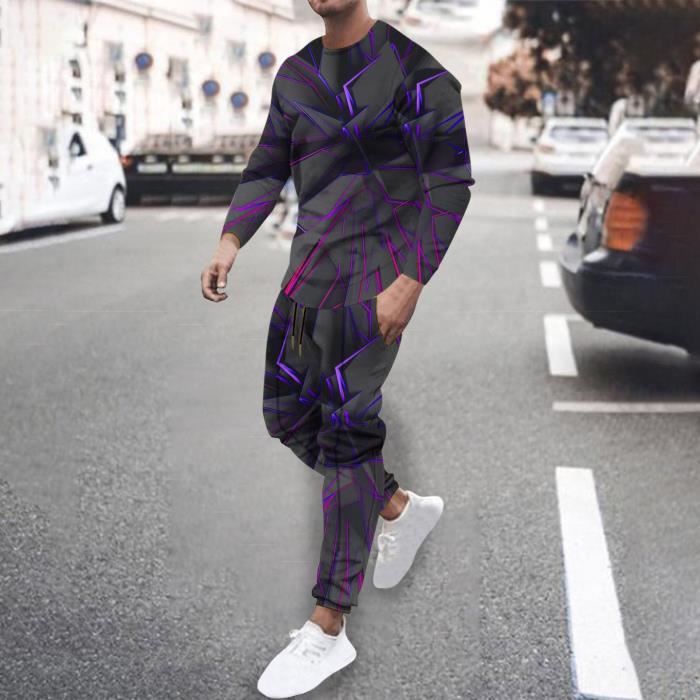 ensemble homme sasaquoy rift streamer impression col rond manches longues + pantalon, costume de sport décontracté à la mode violet