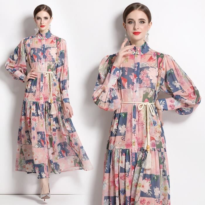 Robe Foulard imprime Floral pour femmes manches longues lanterne soiree decontractee robe Maxi printemps ete automne GRT2280 C11 Blanc Cdiscount Pret a Porter