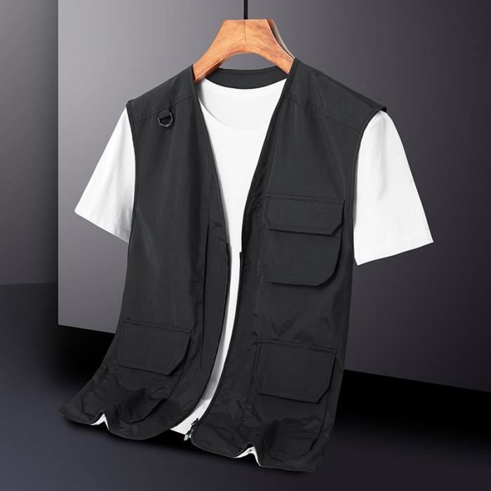 Gilet Homme Col V Peche Exterieur 9 Poches Cargo Leger Respirante Sechage Rapide Noir INSFITY Noir Cdiscount Pret a Porter