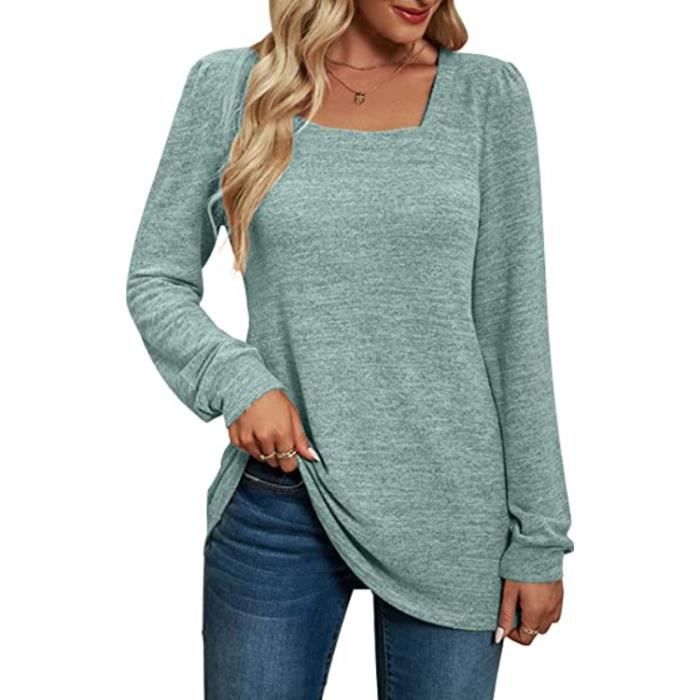 Pull Col Carre Decontracte Sweater Tricote a Manches Longues Femme Vert