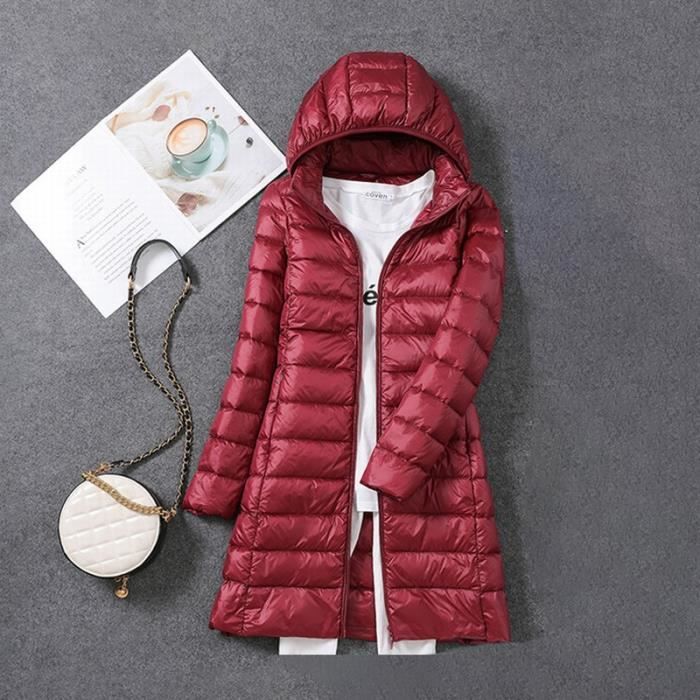 Doudoune longue femme doudoune legere a capuche femme Veste Slim en Duvet de Canard Blanc Capuche Amovible Rouge fonce Cdiscount Pret a Porter