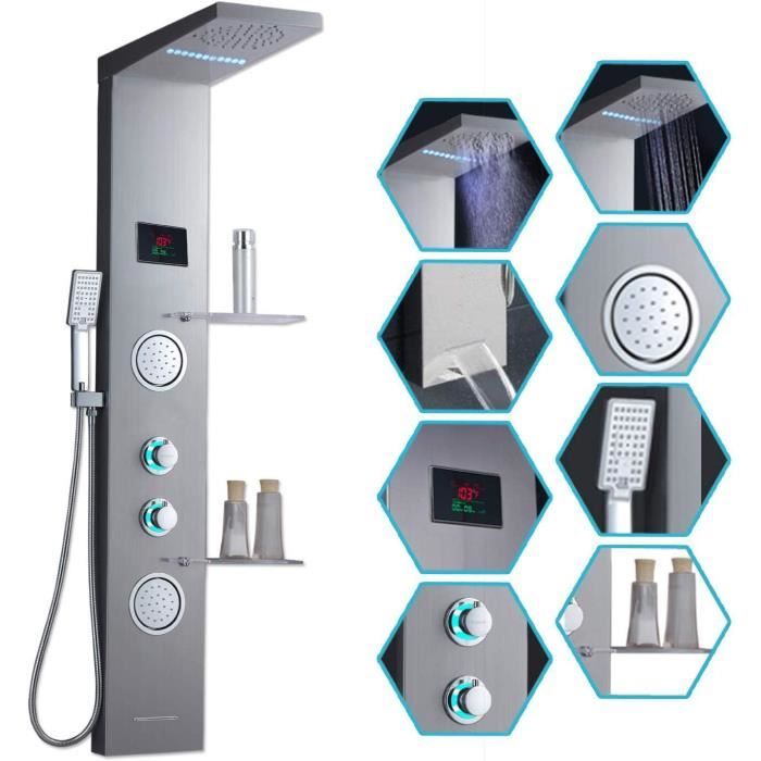 LED Colonne de douche Hydromassante ,Système de douche Panneau en Acier Inox avec jets de massage,Douchette à main,Cascade et
