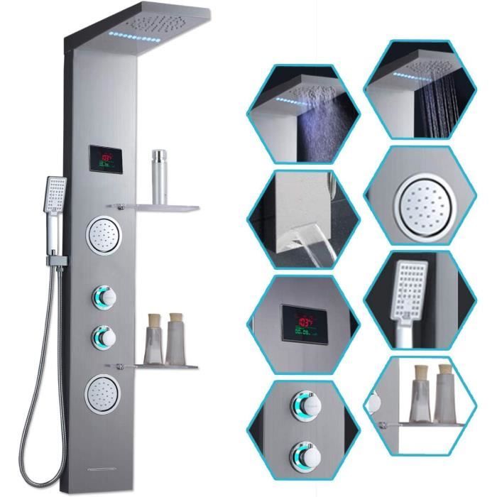 LED Colonne de douche Hydromassante ,Système de douche Panneau en Acier Inox avec jets de massage,Douchette à main,Cascade et douche