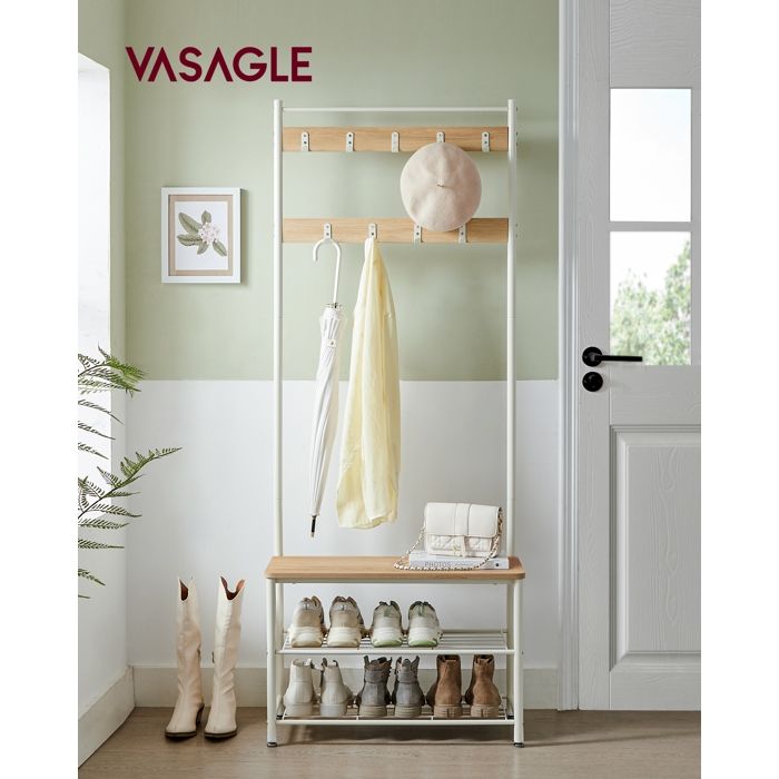 VASAGLE Porte-Manteau avec Étagère à Chaussures Meuble d’Entrée avec Banc 3-en-1 Cadre en Acier 32 x 70 x 177 cm Chêne et Crème