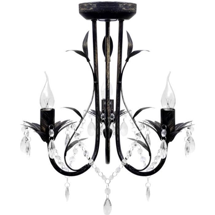 lustre métal noir style art nouveau + perles crystal 3 x e14 ampoules