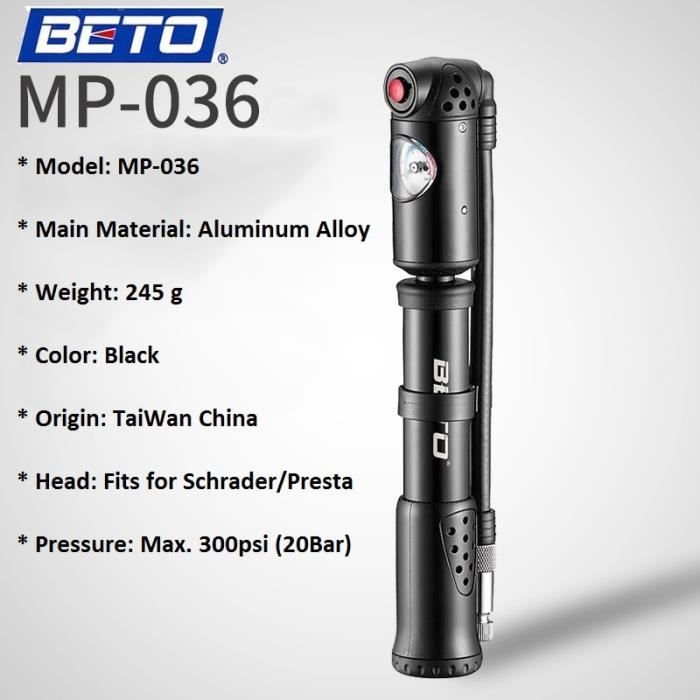 Pompe à Vélo Beto - Double Effet Pour Valves Presta/Schrader - Pression Max 11 Bars / 160 PSI