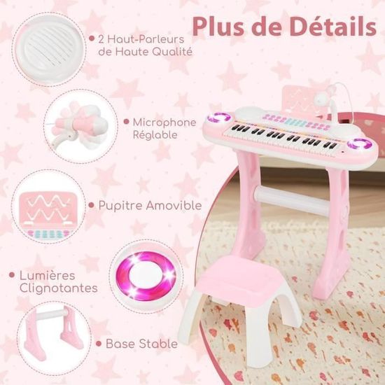 KOMFOTTEU Clavier 37 Touches Enfant Avec Microphone – Piano Électronique Rose Avec Tabouret Et Effets Percussion
