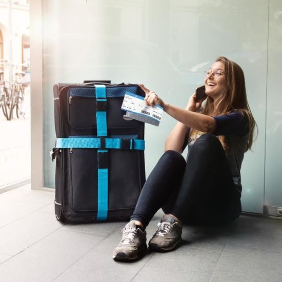 Kwmobile Sangle de bagage en croix - Ceinture de valise réglable pour voyage  avion train - Accessoire Sécurité - Double fermeture cl