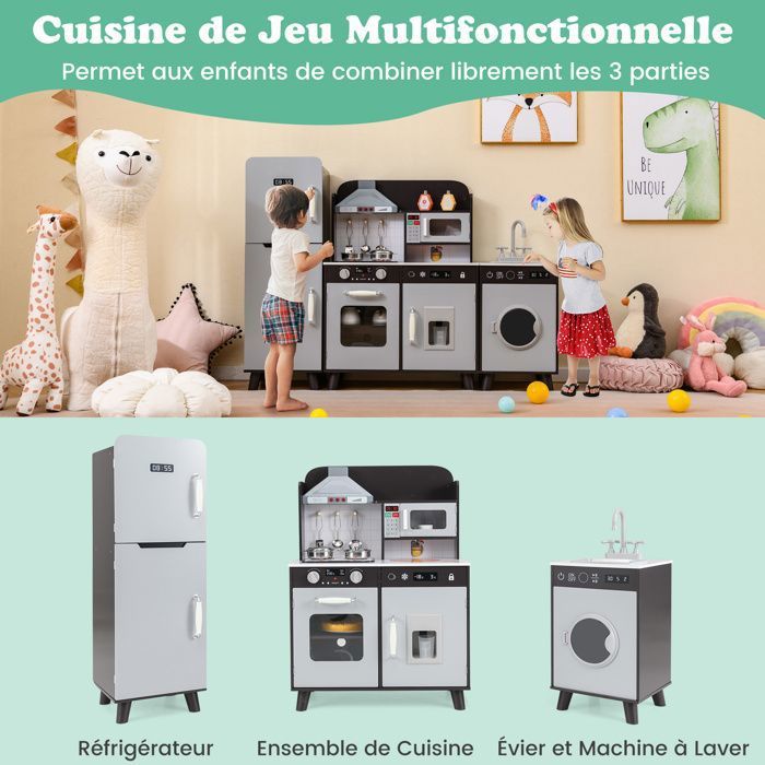 Cuisine Jouet En Bois Pour Enfants - Avec Lumière Et Son - 80x31,5x89 Cm - Évier, Four, Machine à Café - Dès 3 Ans