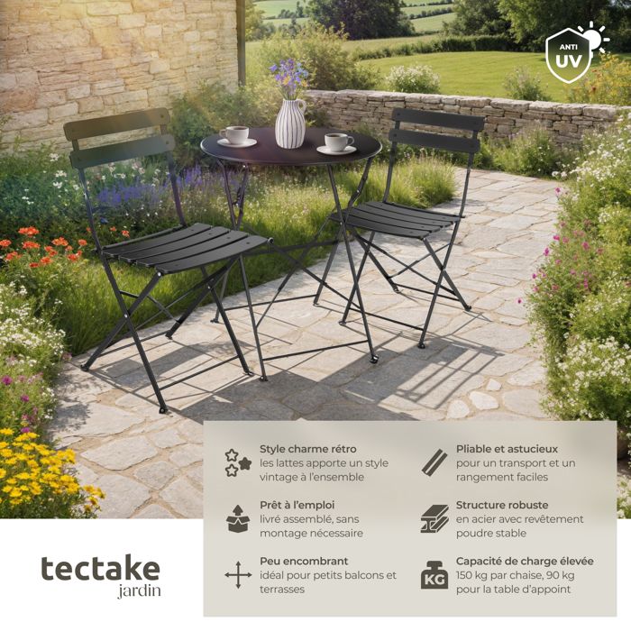 TecTake Ensemble Table Ronde Bistrot + 2 Chaises – Mobilier Jardin Aluminium & Acier Inox, Style Vintage Romantique, 2 Personnes