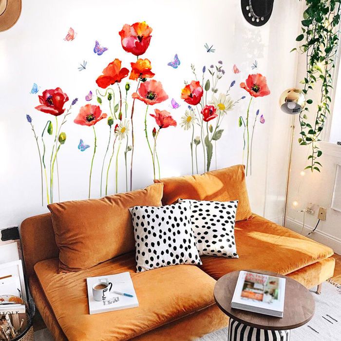 Stickers Muraux 3D Porte Chambre - Fleur Coquelicot Rouge - 3 Tailles (77x200cm, 90x200cm, 95x215cm) - Vinyle Imperméable, Facile à Poser