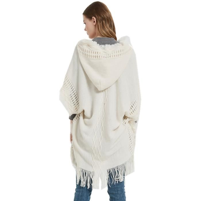 Poncho Femme Hiver Chaude Avec capuche Boutons Couleur unie