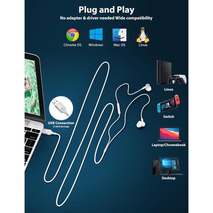 Casque Usb Pc Filaire Avec Micro,2,3M Magnétique Écouteur Filaires Usb