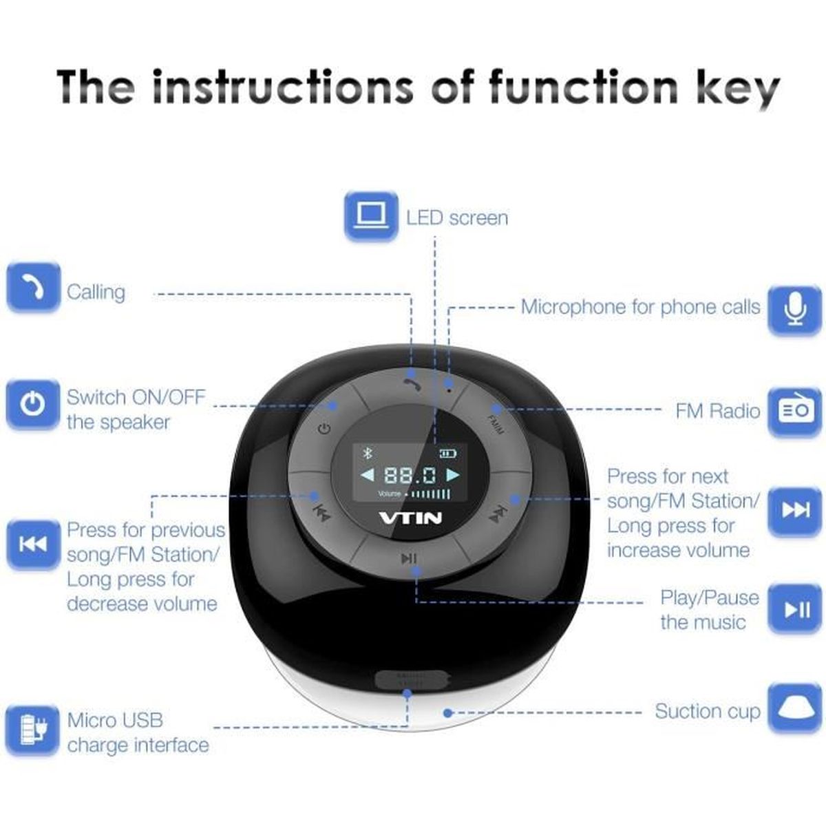 la Douche VTIN Radio de Douche Bluetooth 5.0 avec écran numérique LED Radio FM Haut-Parleur Mains Libres 10 Heures dautonomie pour lextérieur IPX7 étanche avec Ventouse 
