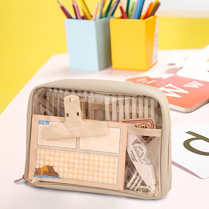 Trousse à Crayons Transparente Zip Double Poche – Organisateur Bureau école Voyage | Tissu Oxford Résistant