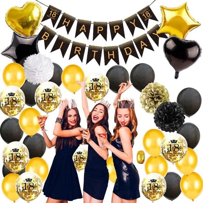 Kit De Décoration Anniversaire 18 Ans - 24 Ballons Noir & Or Avec Rubans - Idéal Pour Garçon Ou Fille