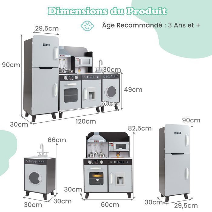 DREAMADE Cuisine Enfants en Bois avec Four, Micro-ondes, Lave-linge, Distributeur de Glaçons
