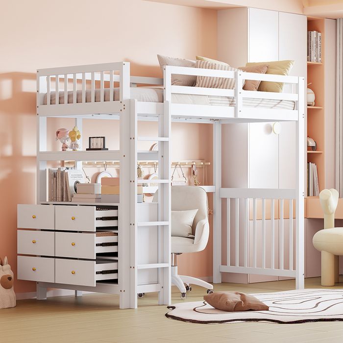 Lit Mezzanine Enfant 140x200cm - Pin Massif - Avec Escalier Rangement - Blanc - Capacité 150kg