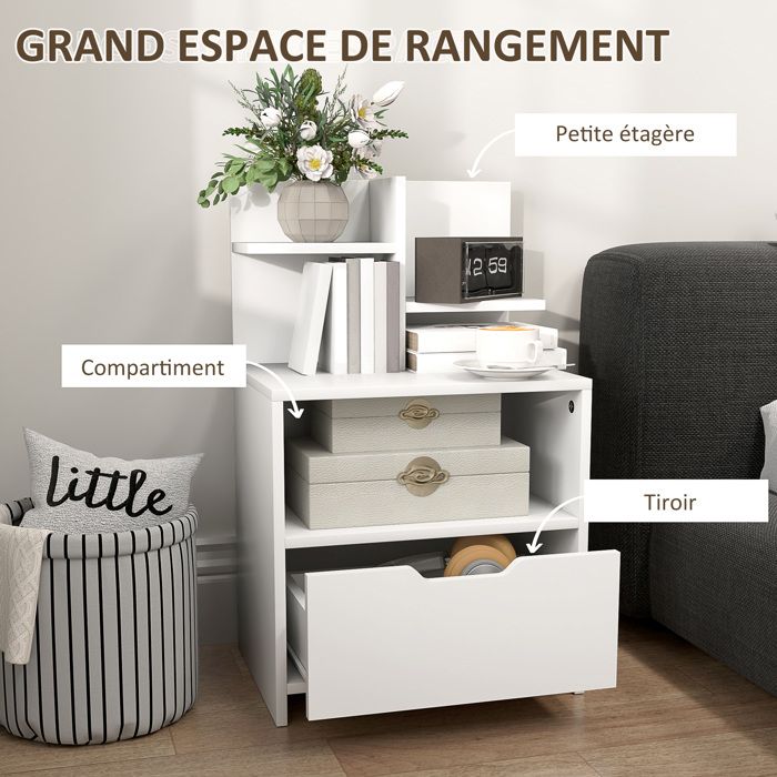 Table De Chevet étroite HOMCOM - 2 Tiroirs Silencieux, Pieds Bois Massif - Blanc Brillant Et Chêne - 40x35x50 Cm
