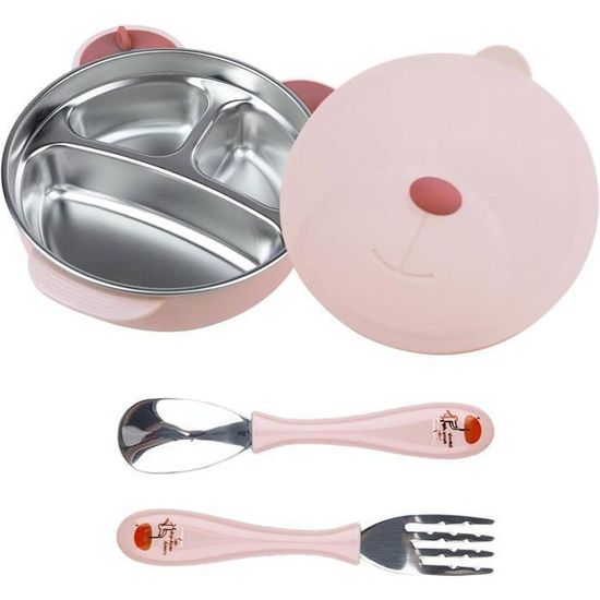 Assiette Bébé à Ventouse En Acier Inoxydable - Assiette Enfant Antiderapante A Trois Compartiments Plateau Enfant Maternelle Vaisselle Scolaire